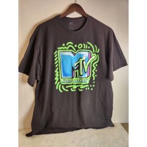 MTV Adult T-Shirt Size XXL NEON 90s Graphic Print Short Sleeve Black Tee